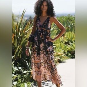 NWT Anthropologie Cut Out Floral Maxi Dress with Black and Pink Accents